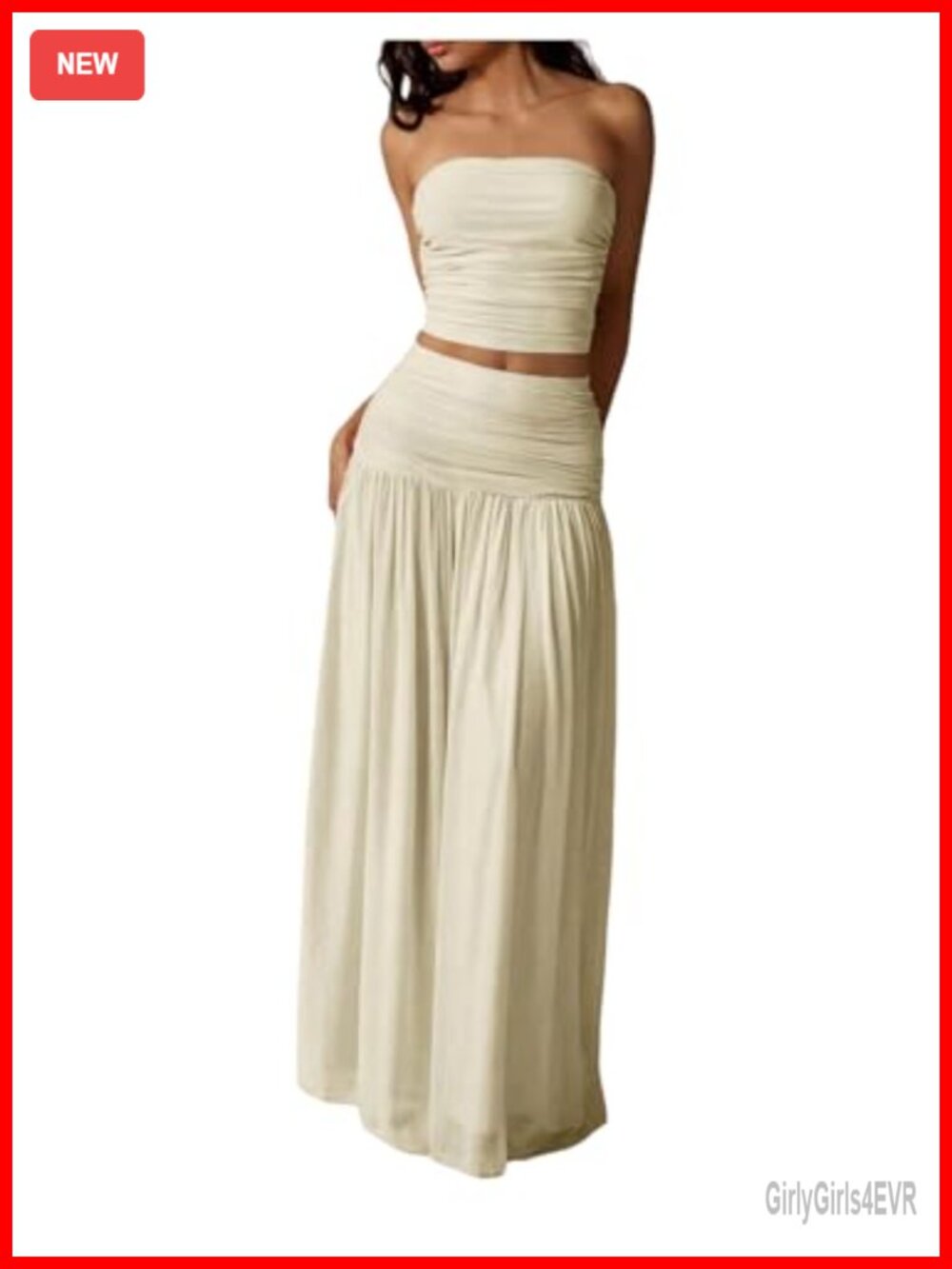 2 Piece Mesh Ruched Bandeau Top and Maxi Skirt Set Sleeveless